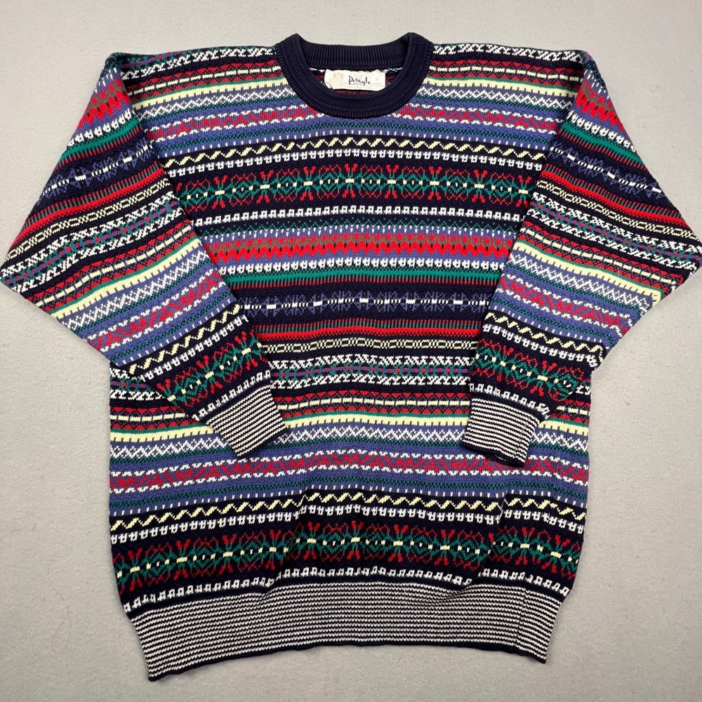 Pringle of Scotland Sweater Mens M Multi Color Fair Isle Cotton Knit Vintage 90s
